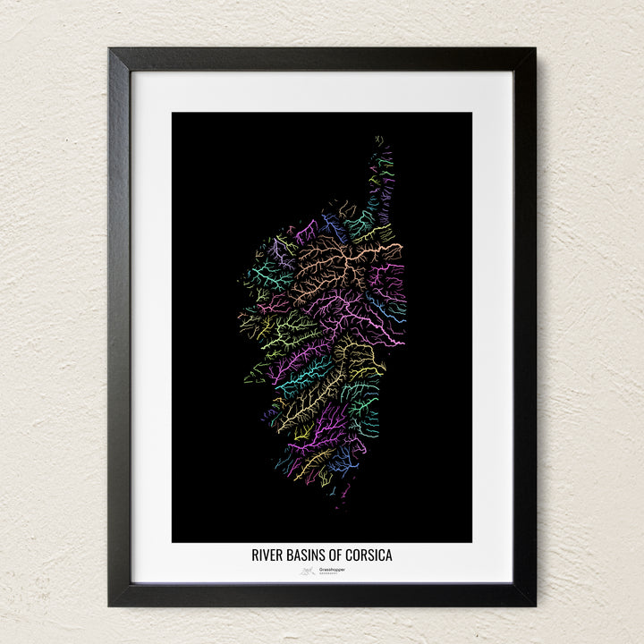 A colorful Grasshopper Geography river map on a light wall. The premium fine art poster is in a black frame with a white border. The name of the country, continent or region is printed under the image.