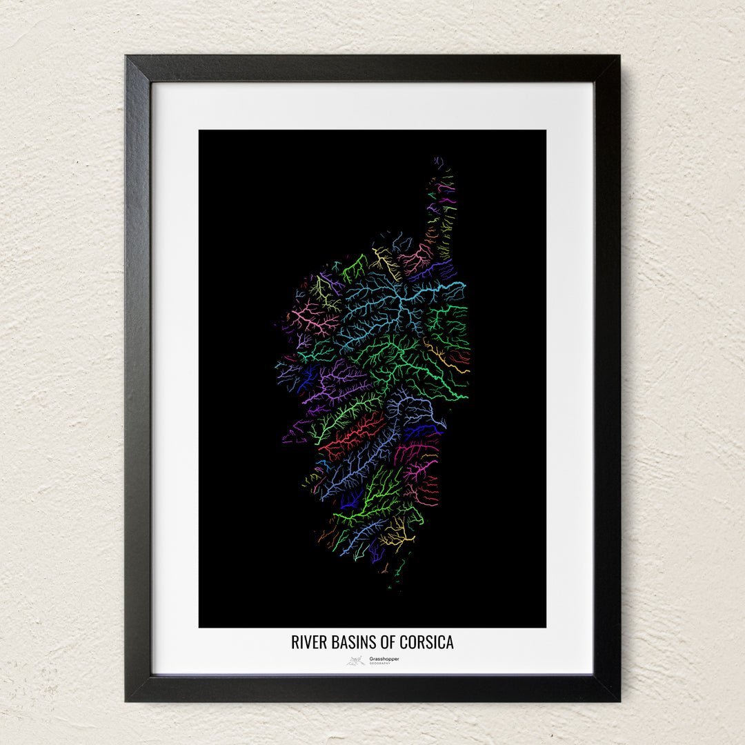 A colorful Grasshopper Geography river map on a light wall. The premium fine art poster is in a black frame with a white border. The name of the country, continent or region is printed under the image.