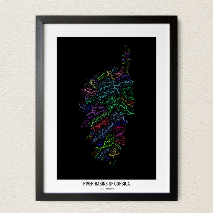 A colorful Grasshopper Geography river map on a light wall. The premium fine art poster is in a black frame with a white border. The name of the country, continent or region is printed under the image.