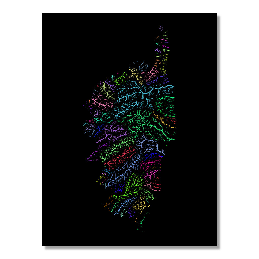 Corsica - River basin map, rainbow colours - Wall Art by Grasshopper Geography. Image of a high-resolution map created by geographer Robert Szucs, available as wall art and for licensing.