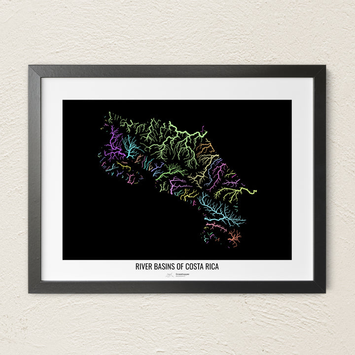 A colorful Grasshopper Geography river map on a light wall. The premium fine art poster is in a black frame with a white border. The name of the country, continent or region is printed under the image.