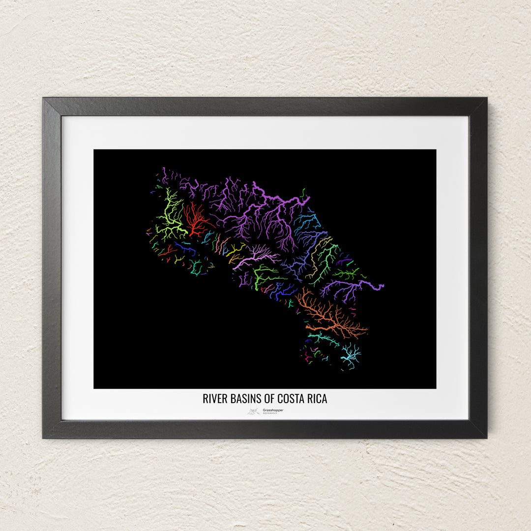 A colorful Grasshopper Geography river map on a light wall. The premium fine art poster is in a black frame with a white border. The name of the country, continent or region is printed under the image.