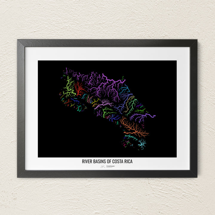 A colorful Grasshopper Geography river map on a light wall. The premium fine art poster is in a black frame with a white border. The name of the country, continent or region is printed under the image.