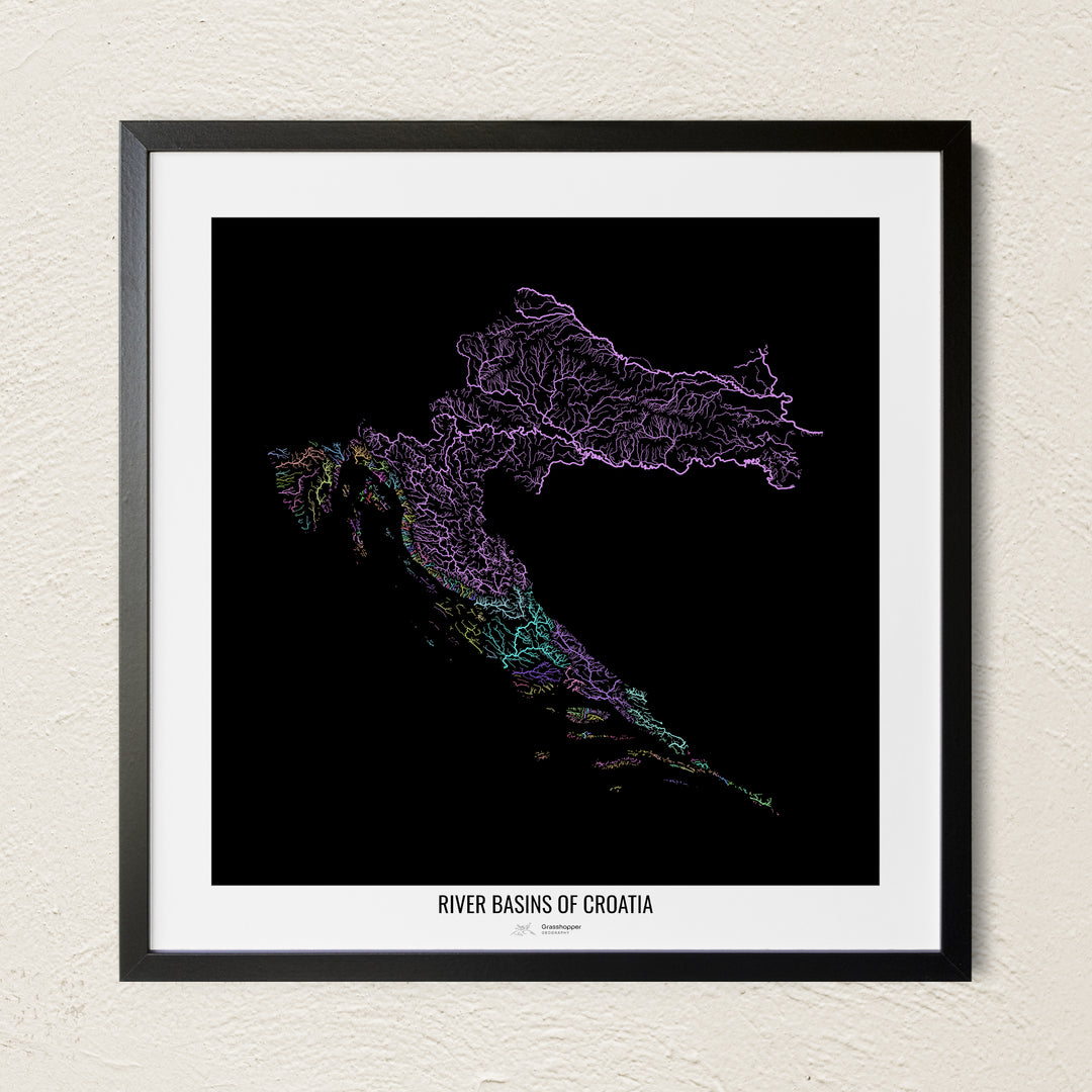 A colorful Grasshopper Geography river map on a light wall. The premium fine art poster is in a black frame with a white border. The name of the country, continent or region is printed under the image.