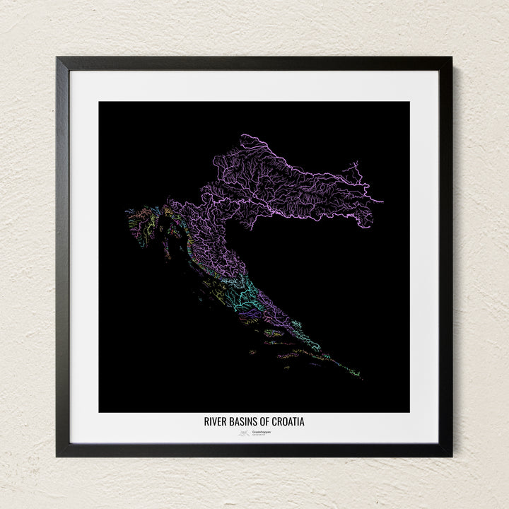 A colorful Grasshopper Geography river map on a light wall. The premium fine art poster is in a black frame with a white border. The name of the country, continent or region is printed under the image.