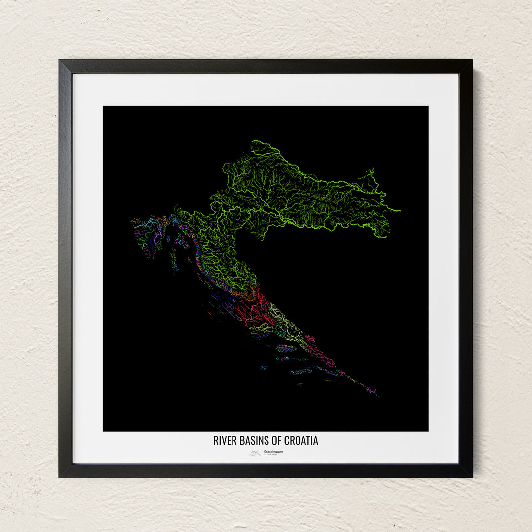 A colorful Grasshopper Geography river map on a light wall. The premium fine art poster is in a black frame with a white border. The name of the country, continent or region is printed under the image.