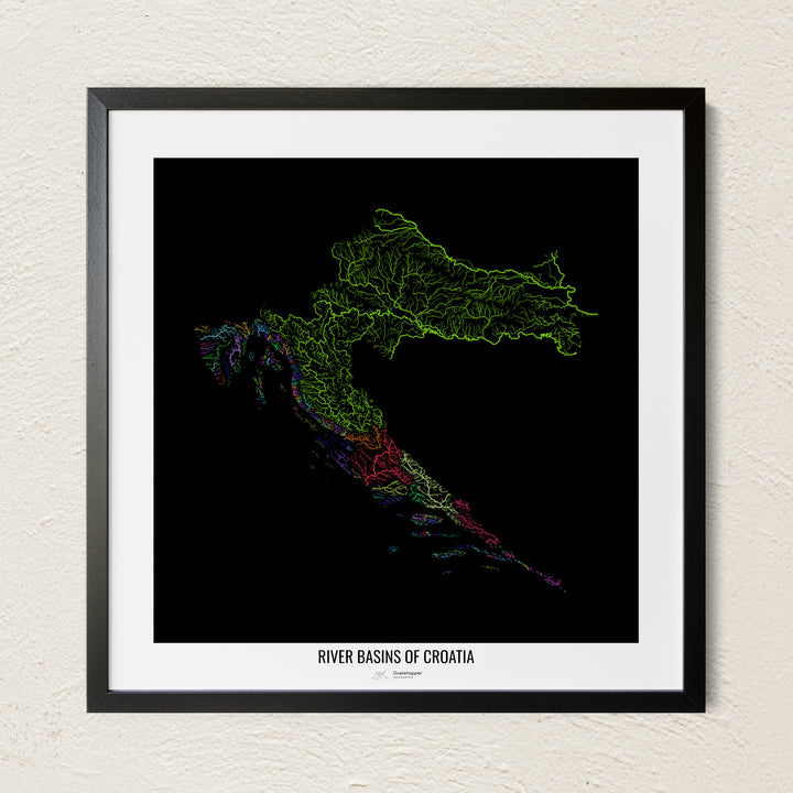 A colorful Grasshopper Geography river map on a light wall. The premium fine art poster is in a black frame with a white border. The name of the country, continent or region is printed under the image.