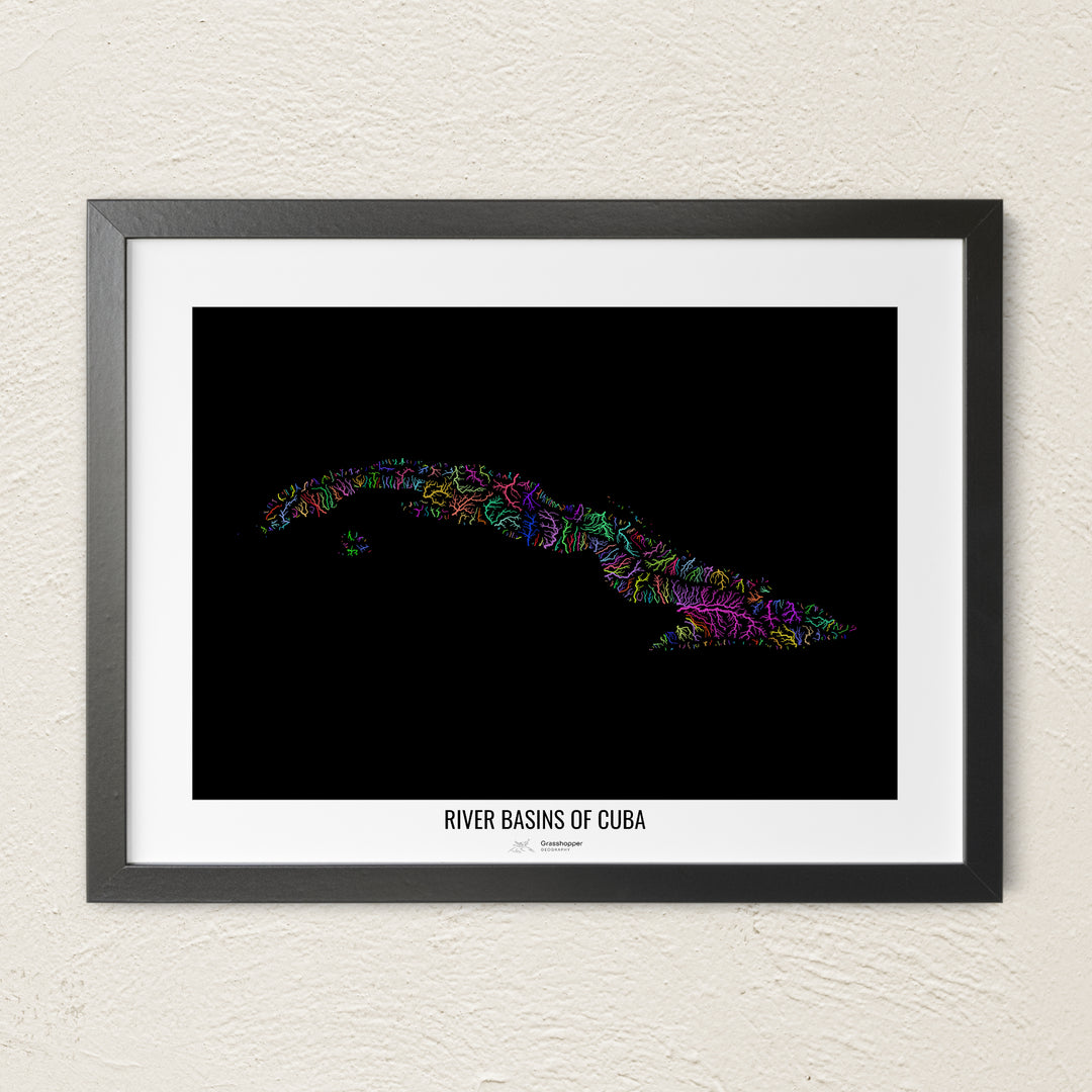 A colorful Grasshopper Geography river map on a light wall. The premium fine art poster is in a black frame with a white border. The name of the country, continent or region is printed under the image.