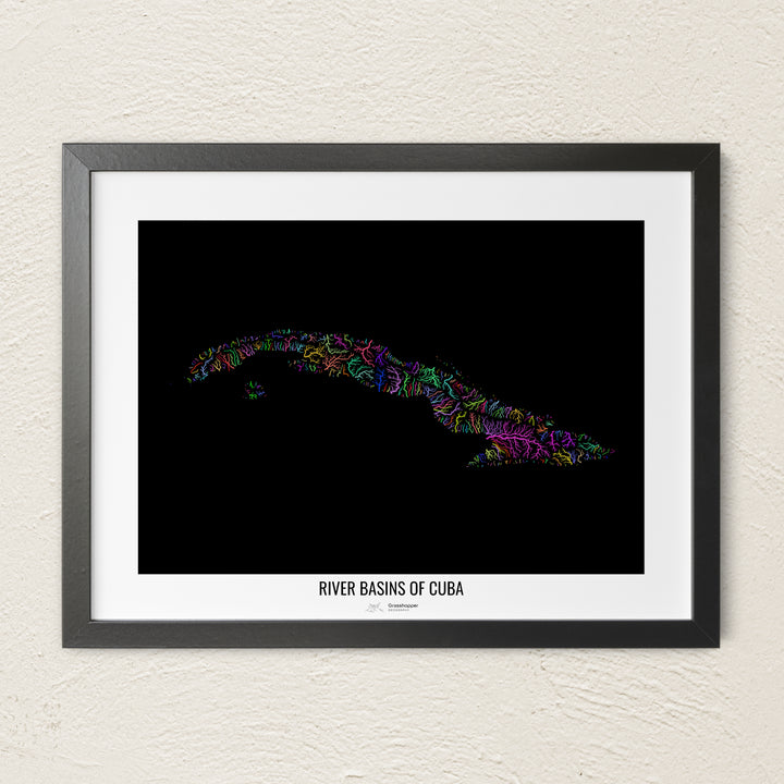 A colorful Grasshopper Geography river map on a light wall. The premium fine art poster is in a black frame with a white border. The name of the country, continent or region is printed under the image.