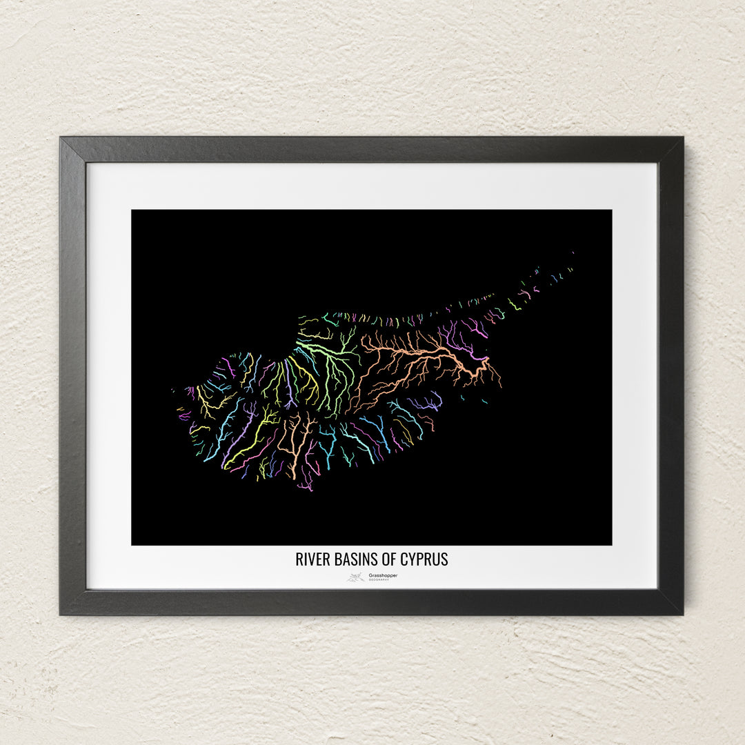 A colorful Grasshopper Geography river map on a light wall. The premium fine art poster is in a black frame with a white border. The name of the country, continent or region is printed under the image.