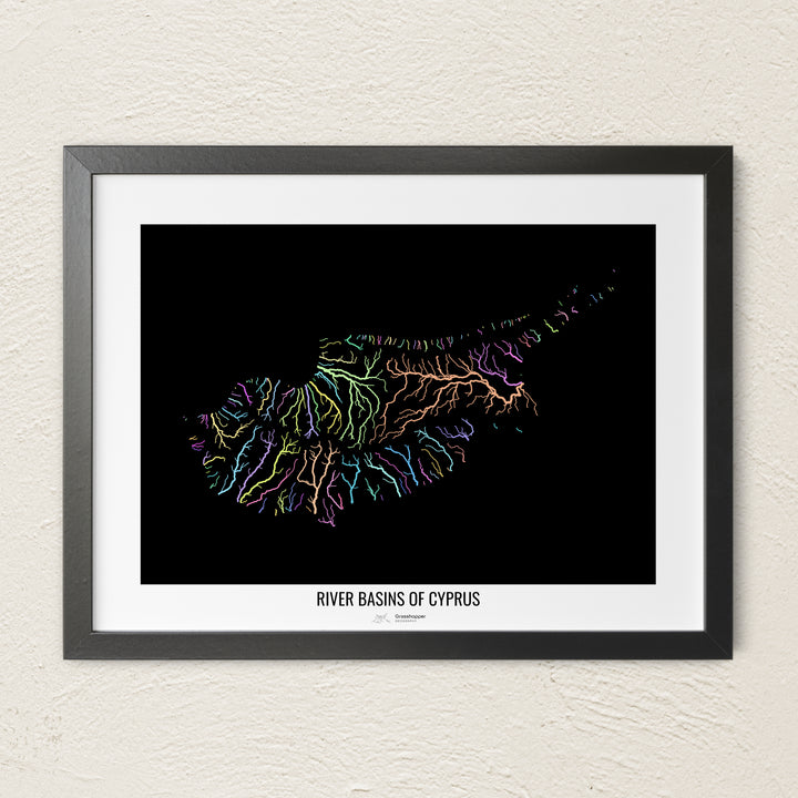 A colorful Grasshopper Geography river map on a light wall. The premium fine art poster is in a black frame with a white border. The name of the country, continent or region is printed under the image.