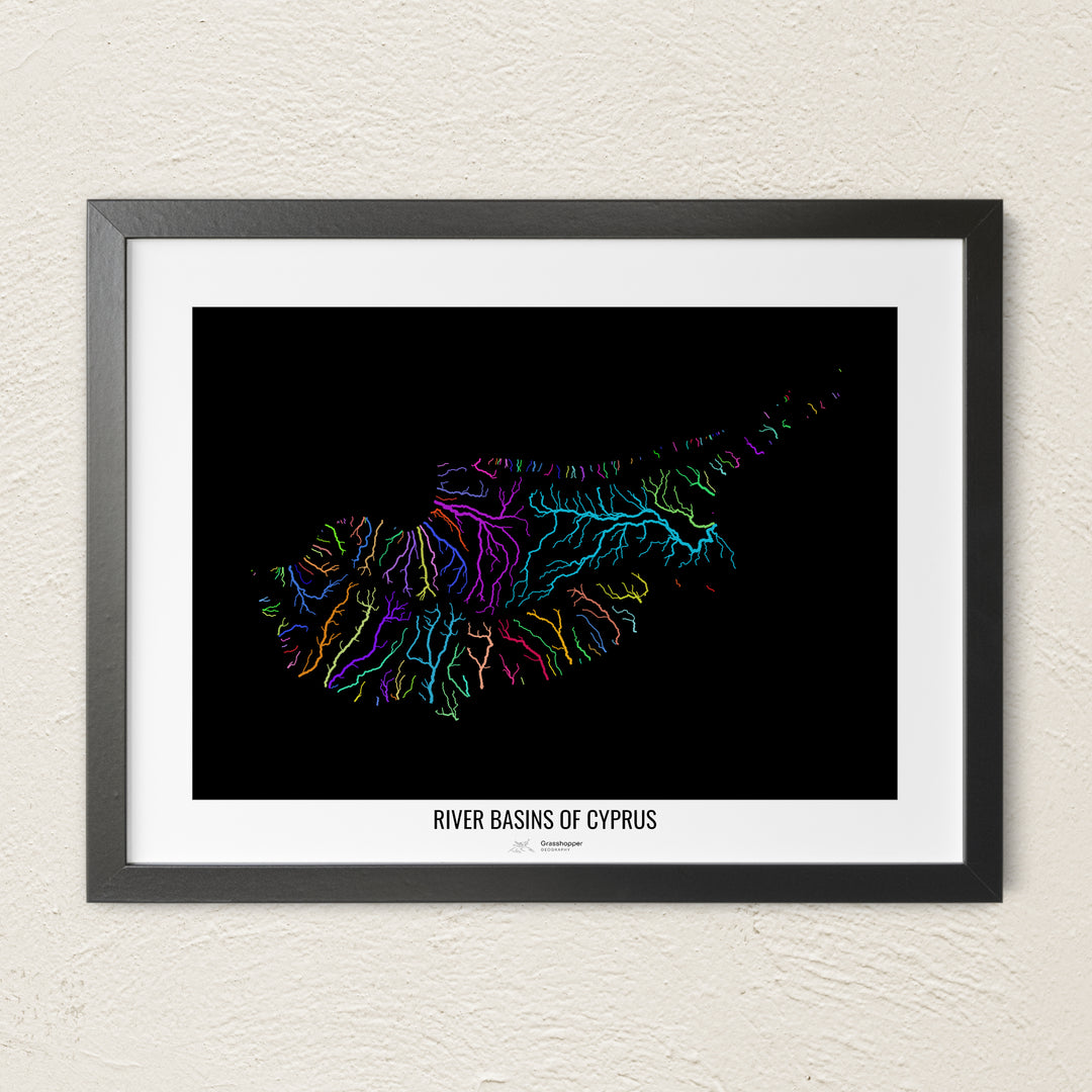 A colorful Grasshopper Geography river map on a light wall. The premium fine art poster is in a black frame with a white border. The name of the country, continent or region is printed under the image.