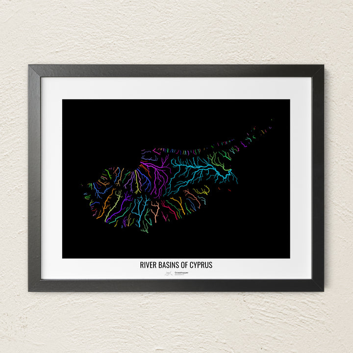 A colorful Grasshopper Geography river map on a light wall. The premium fine art poster is in a black frame with a white border. The name of the country, continent or region is printed under the image.