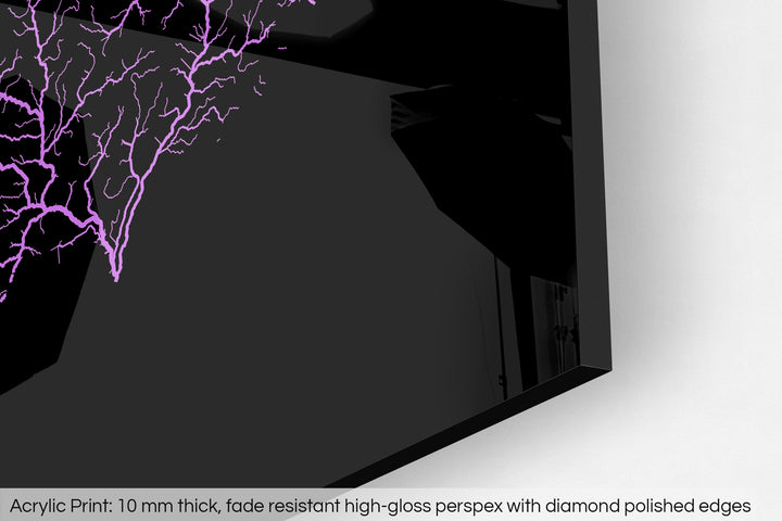 Closeup of an acrylic panel's corner, the details of a Grasshopper Geography map is visible. The text at the bottom reads: Acrylic print - 10 mm thick, fade reistant high-gloss perspex with diamond polished edges.