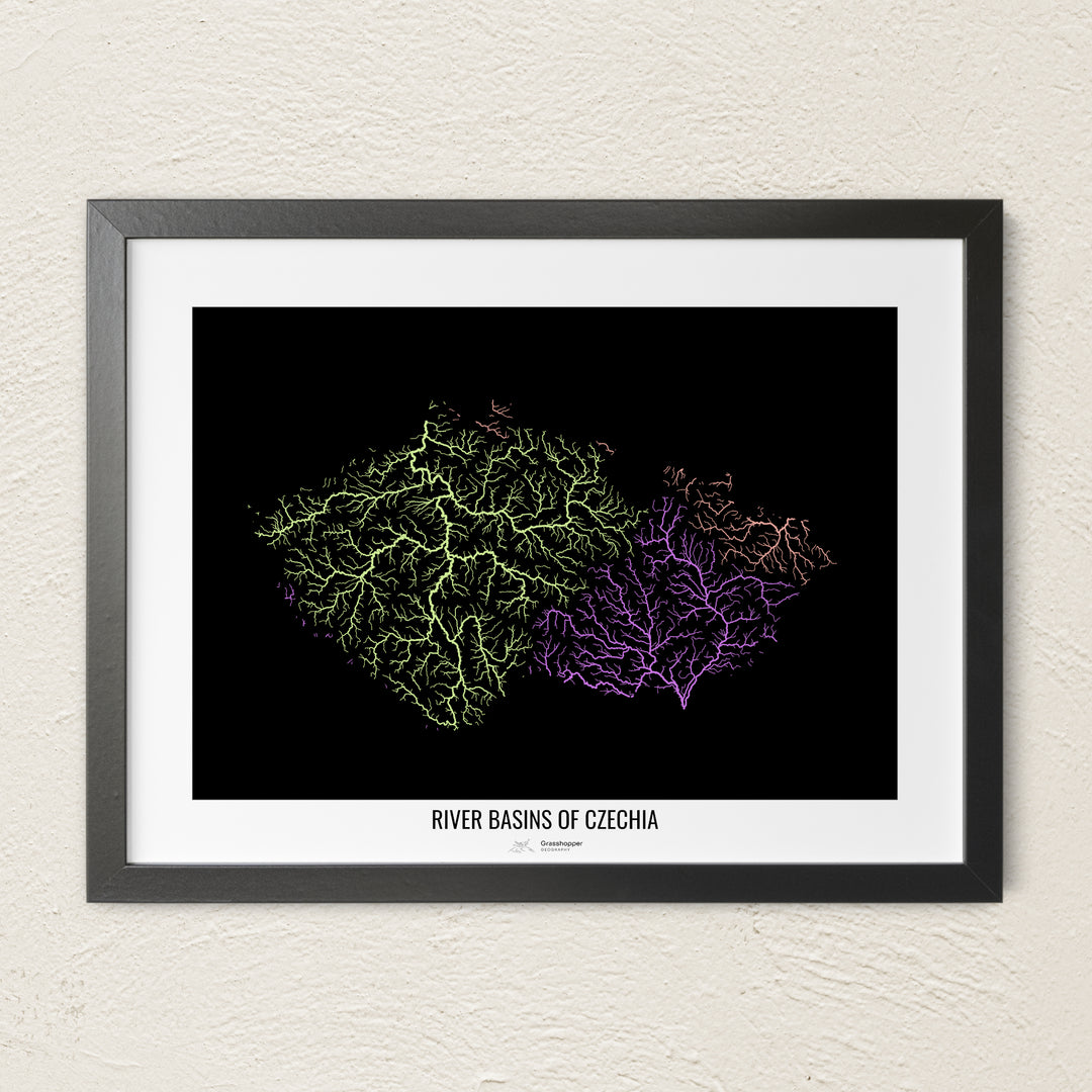 A colorful Grasshopper Geography river map on a light wall. The premium fine art poster is in a black frame with a white border. The name of the country, continent or region is printed under the image.