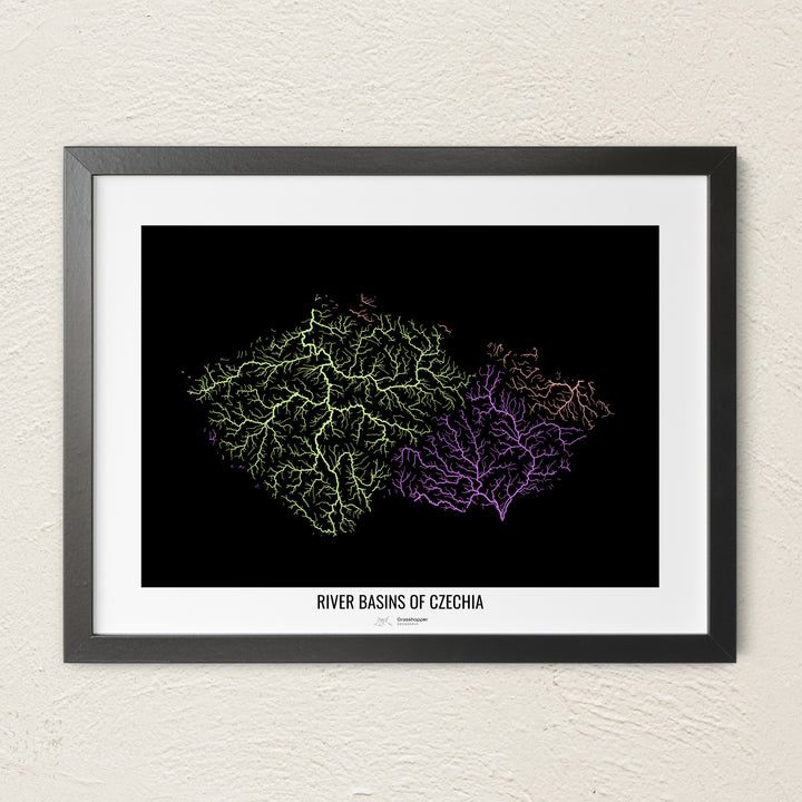 A colorful Grasshopper Geography river map on a light wall. The premium fine art poster is in a black frame with a white border. The name of the country, continent or region is printed under the image.