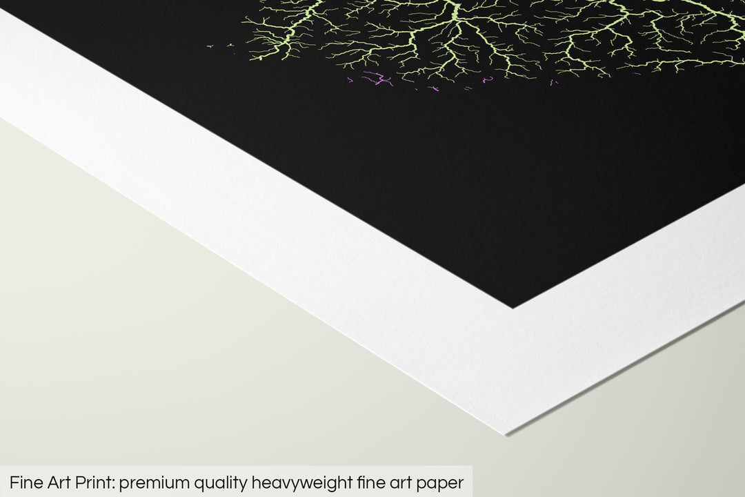 Closeup of a fine art print's corner lying on a flat surface, the details of a Grasshopper Geography map is visible. The text at the bottom reads: Fine art print - premium quality heavyweight fine art paper.
