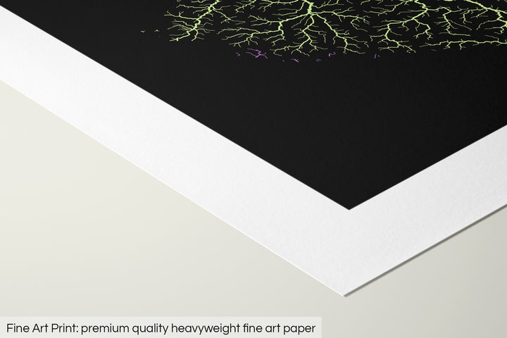 Closeup of a fine art print's corner lying on a flat surface, the details of a Grasshopper Geography map is visible. The text at the bottom reads: Fine art print - premium quality heavyweight fine art paper.