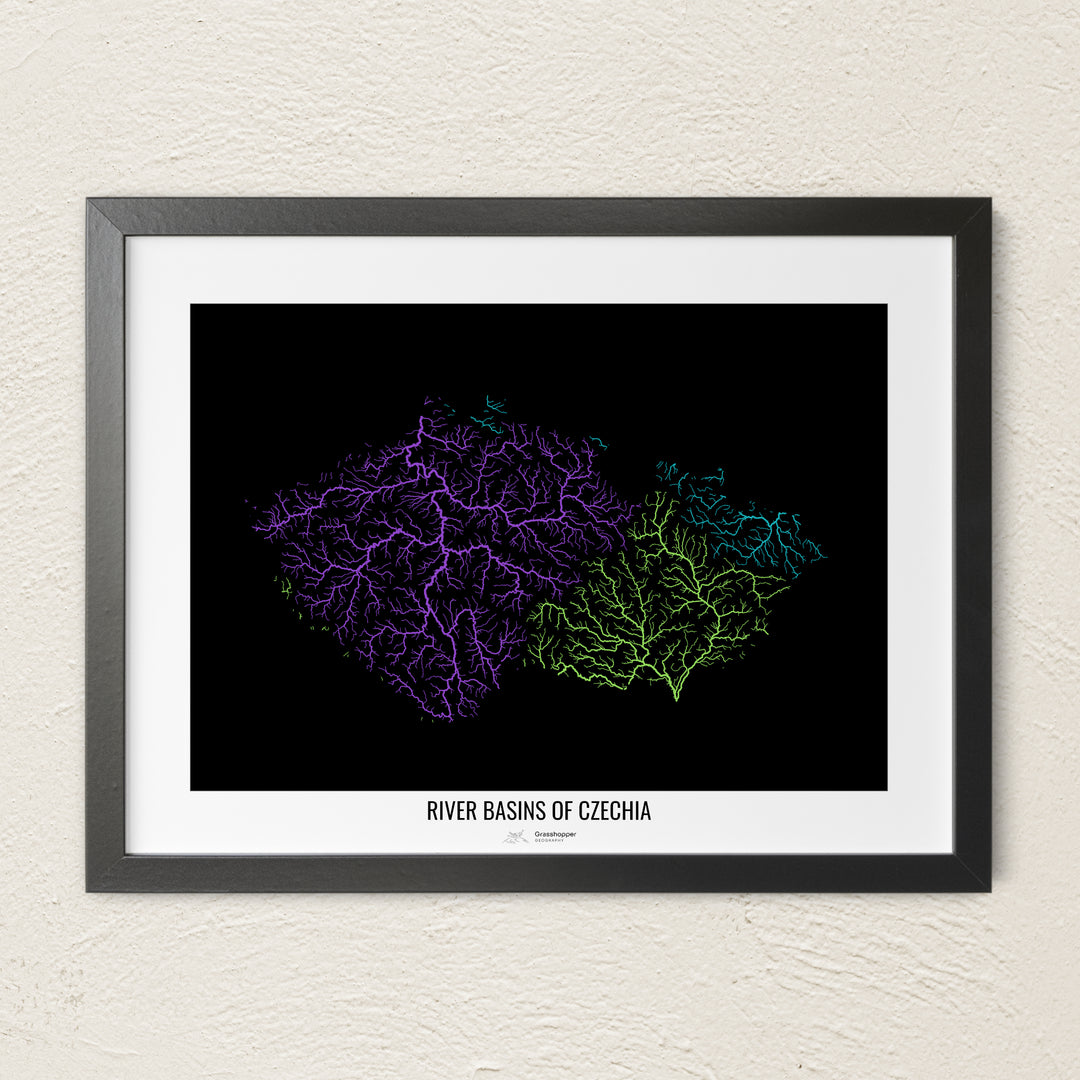 A colorful Grasshopper Geography river map on a light wall. The premium fine art poster is in a black frame with a white border. The name of the country, continent or region is printed under the image.