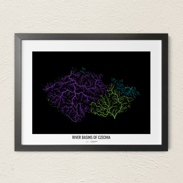 A colorful Grasshopper Geography river map on a light wall. The premium fine art poster is in a black frame with a white border. The name of the country, continent or region is printed under the image.