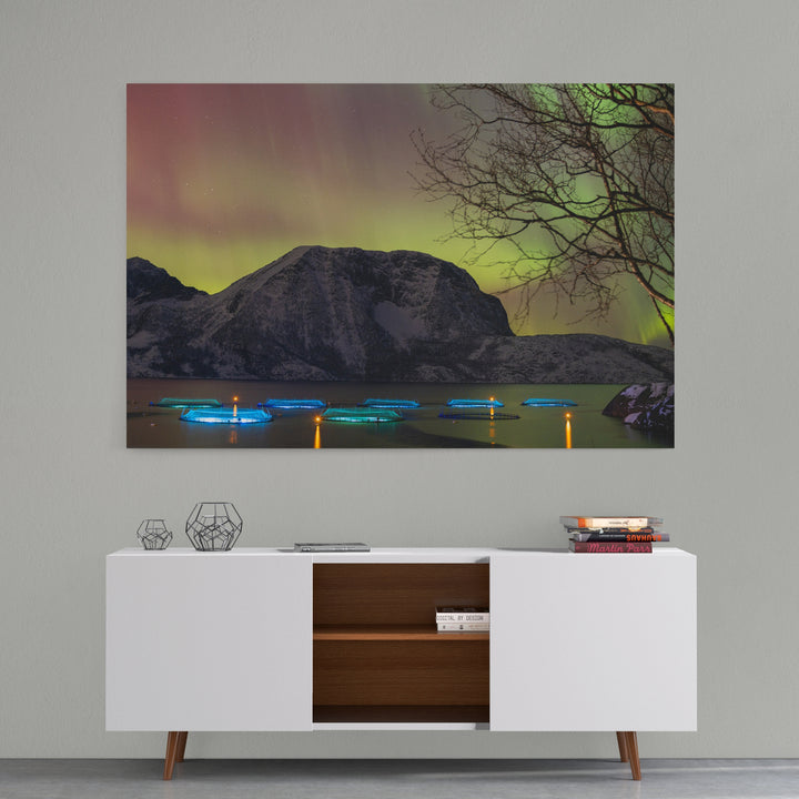 Fish pens across Lundøya with aurora I - Canvas