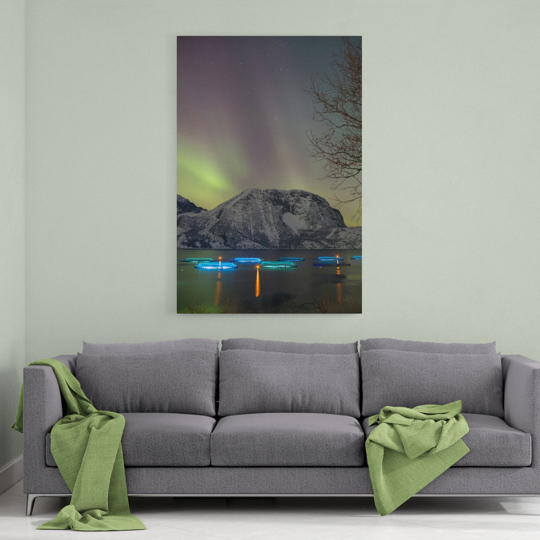 Fish pens across Lundøya with aurora III - Canvas