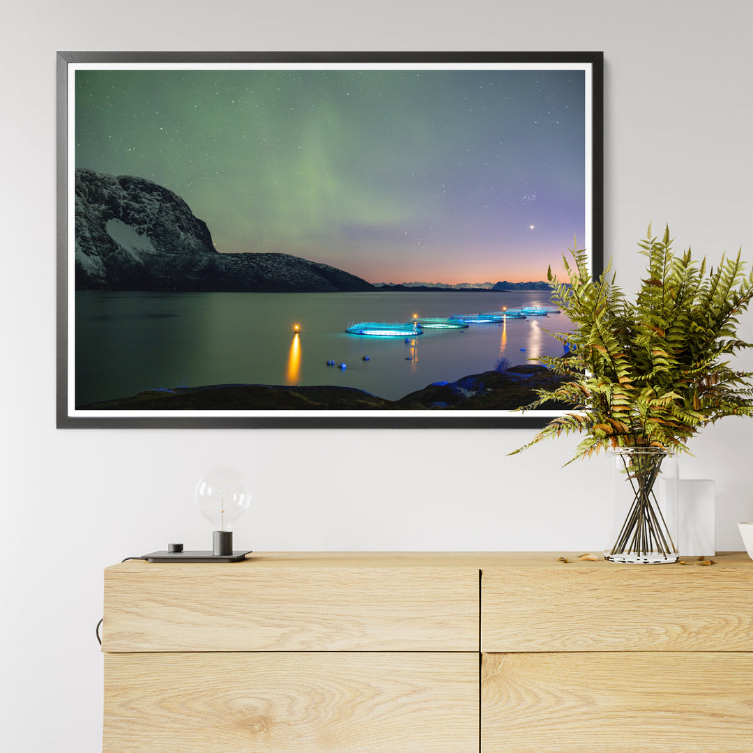 Corrales de peces en Lundøya con aurora V - Impresión fotográfica