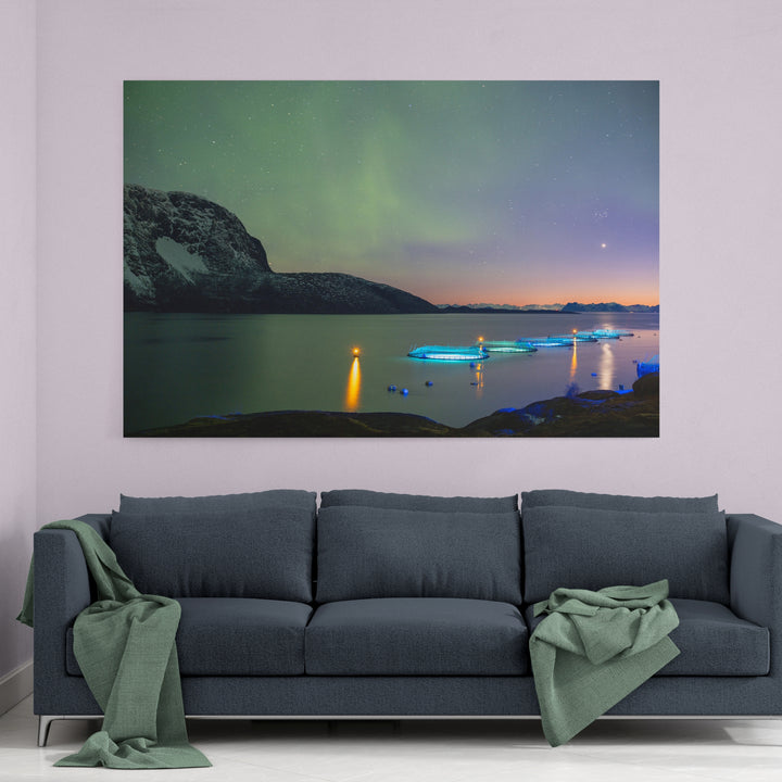 Fish pens across Lundøya with aurora V - Canvas
