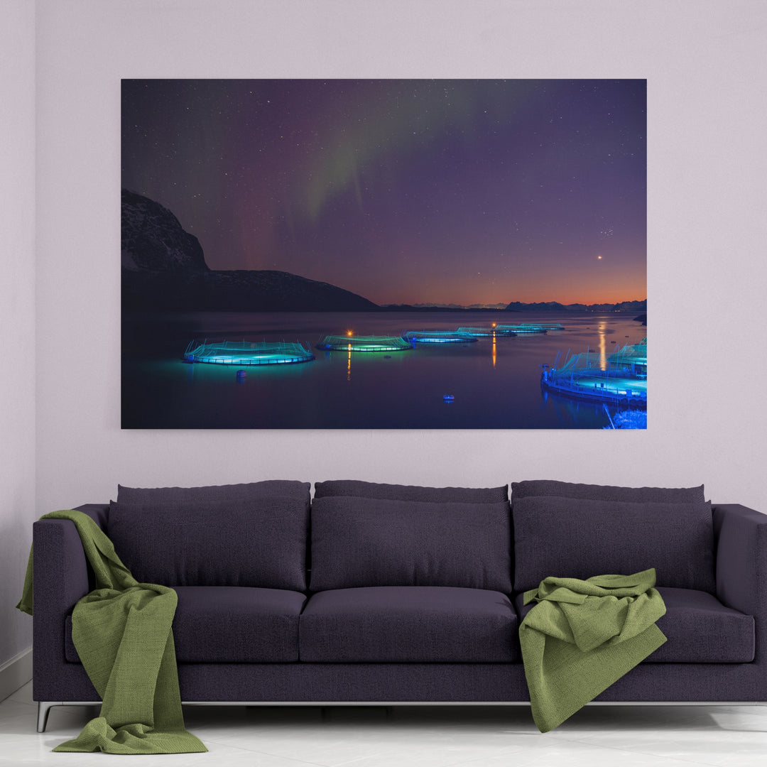 Fish pens across Lundøya with aurora VI - Canvas