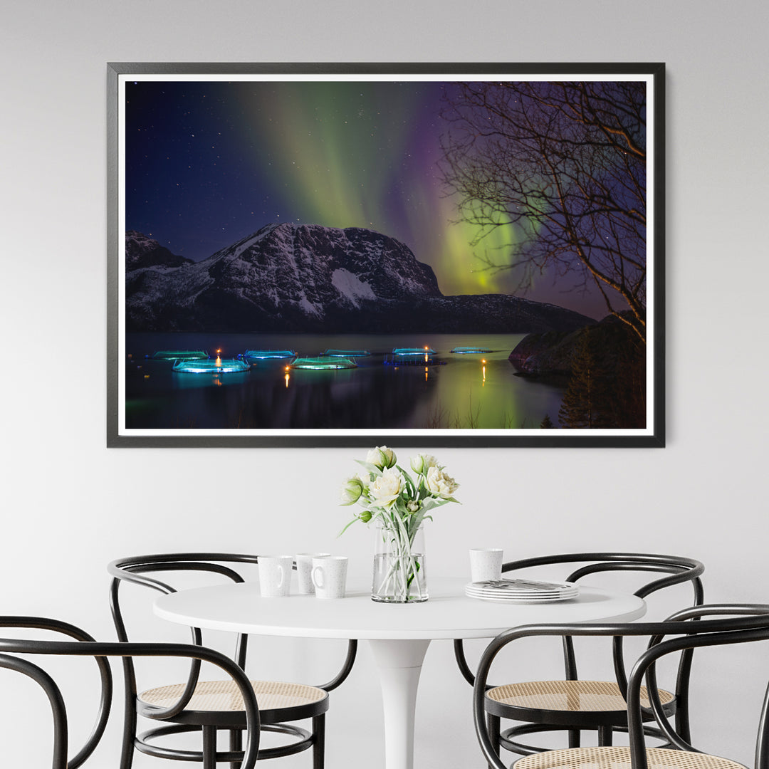 Corrales de peces en Lundøya con aurora VII - Impresión fotográfica