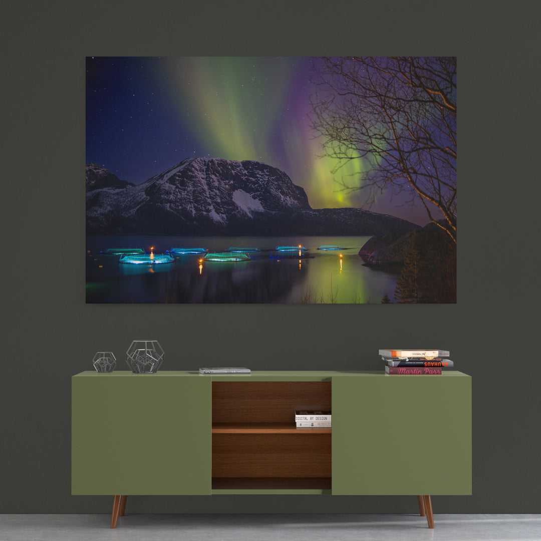 Fish pens across Lundøya with aurora VII - Canvas