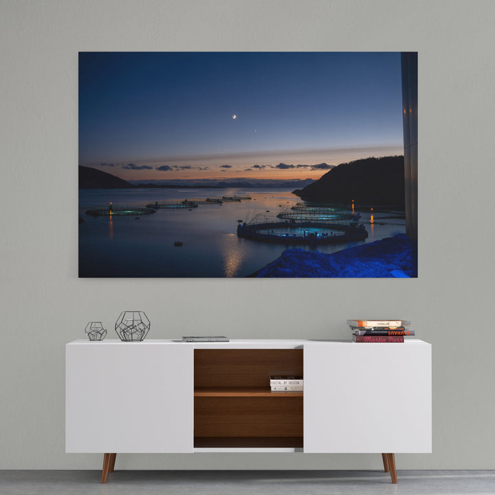 Sunset over the fish pens with a crescent moon II - Canvas