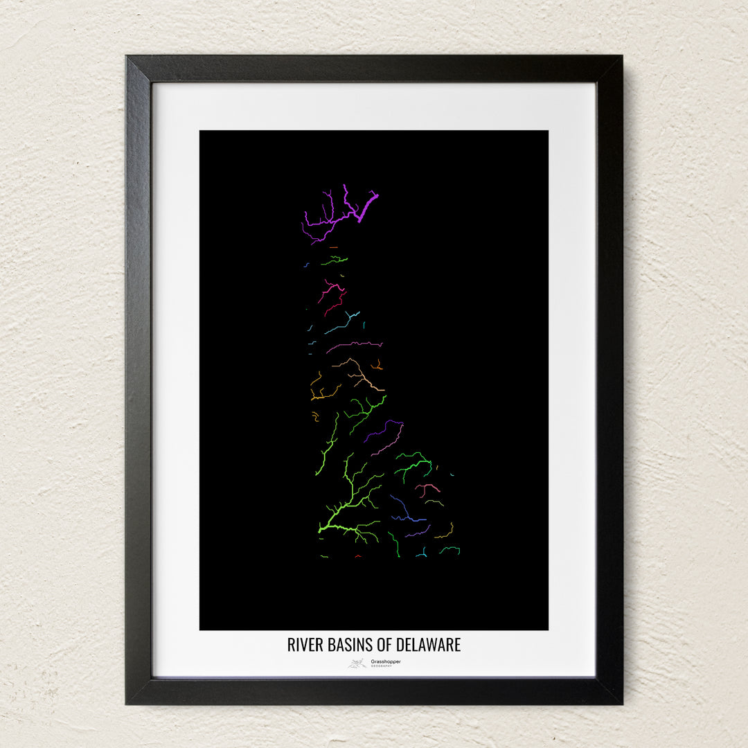A colorful Grasshopper Geography river map on a light wall. The premium fine art poster is in a black frame with a white border. The name of the country, continent or region is printed under the image.