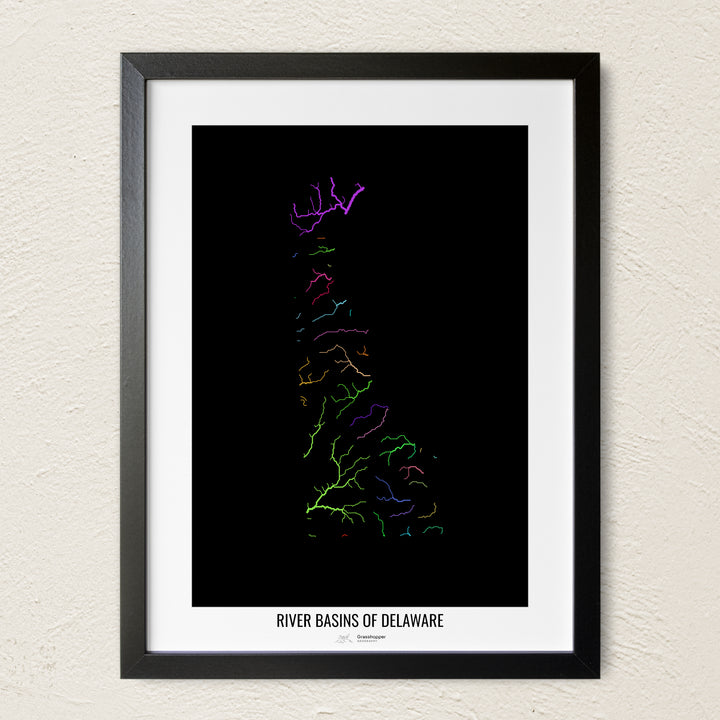 A colorful Grasshopper Geography river map on a light wall. The premium fine art poster is in a black frame with a white border. The name of the country, continent or region is printed under the image.
