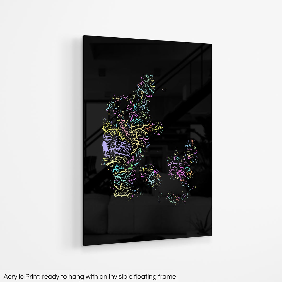 A colourful Grasshopper Geography map hanging on a white wall. The text at the bottom reads: Acrylic print - ready to hang with an invisible floating frame.