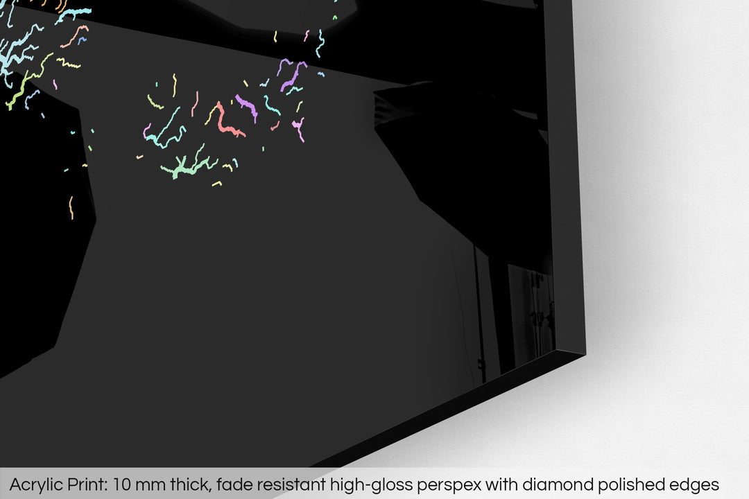 Closeup of an acrylic panel's corner, the details of a Grasshopper Geography map is visible. The text at the bottom reads: Acrylic print - 10 mm thick, fade reistant high-gloss perspex with diamond polished edges.