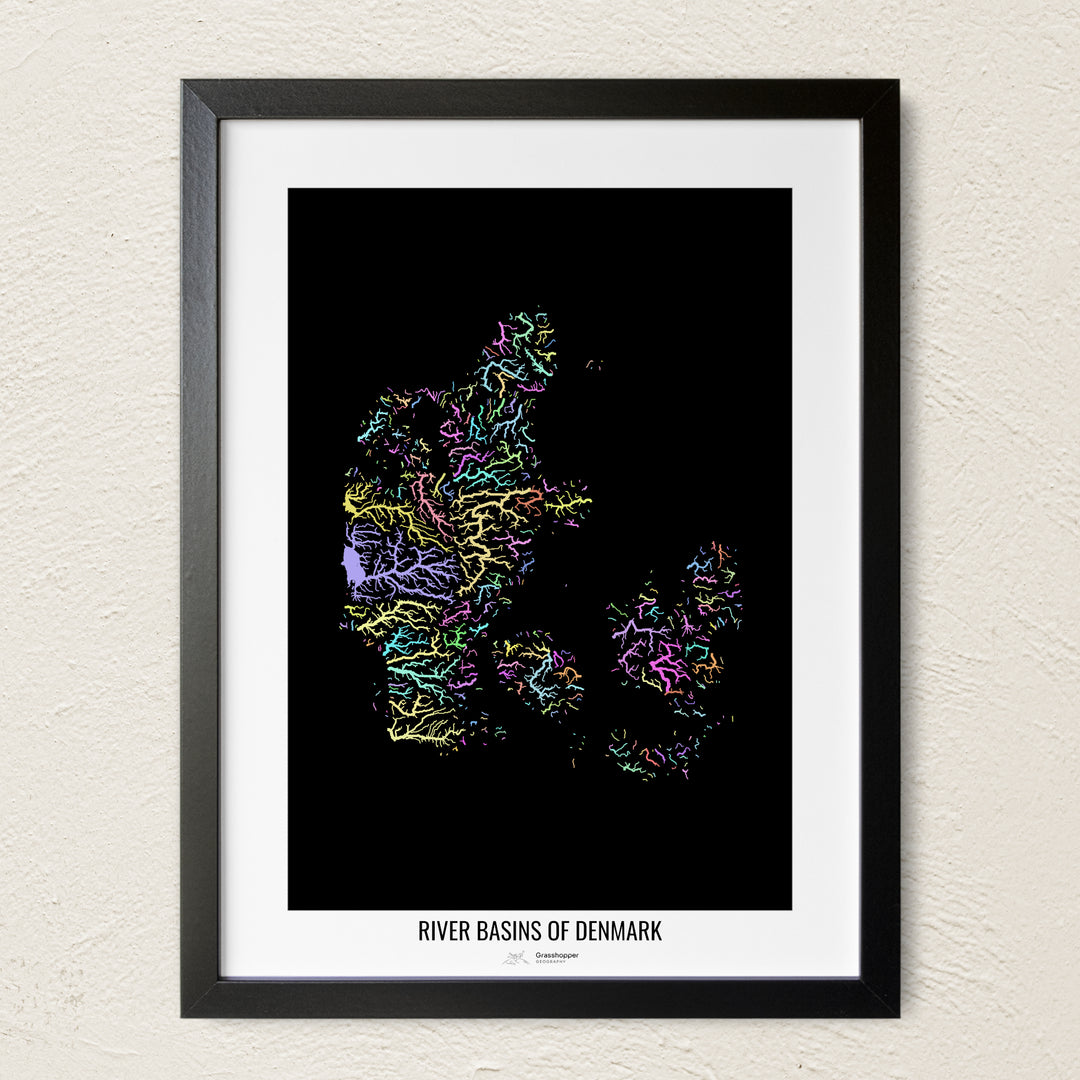 A colorful Grasshopper Geography river map on a light wall. The premium fine art poster is in a black frame with a white border. The name of the country, continent or region is printed under the image.
