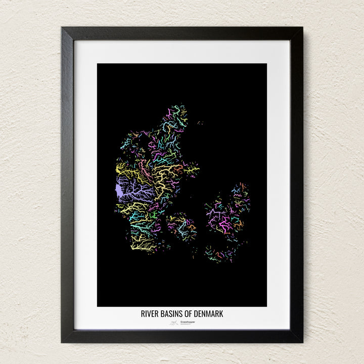 A colorful Grasshopper Geography river map on a light wall. The premium fine art poster is in a black frame with a white border. The name of the country, continent or region is printed under the image.