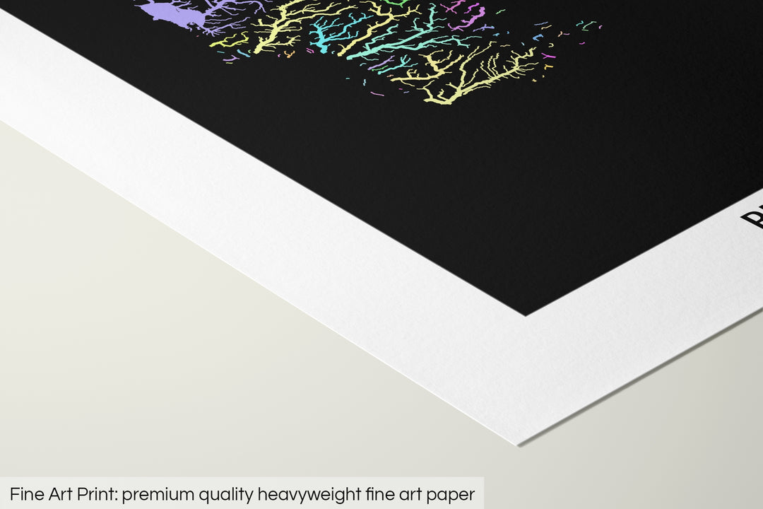 Closeup of a fine art print's corner lying on a flat surface, the details of a Grasshopper Geography map is visible. The text at the bottom reads: Fine art print - premium quality heavyweight fine art paper.