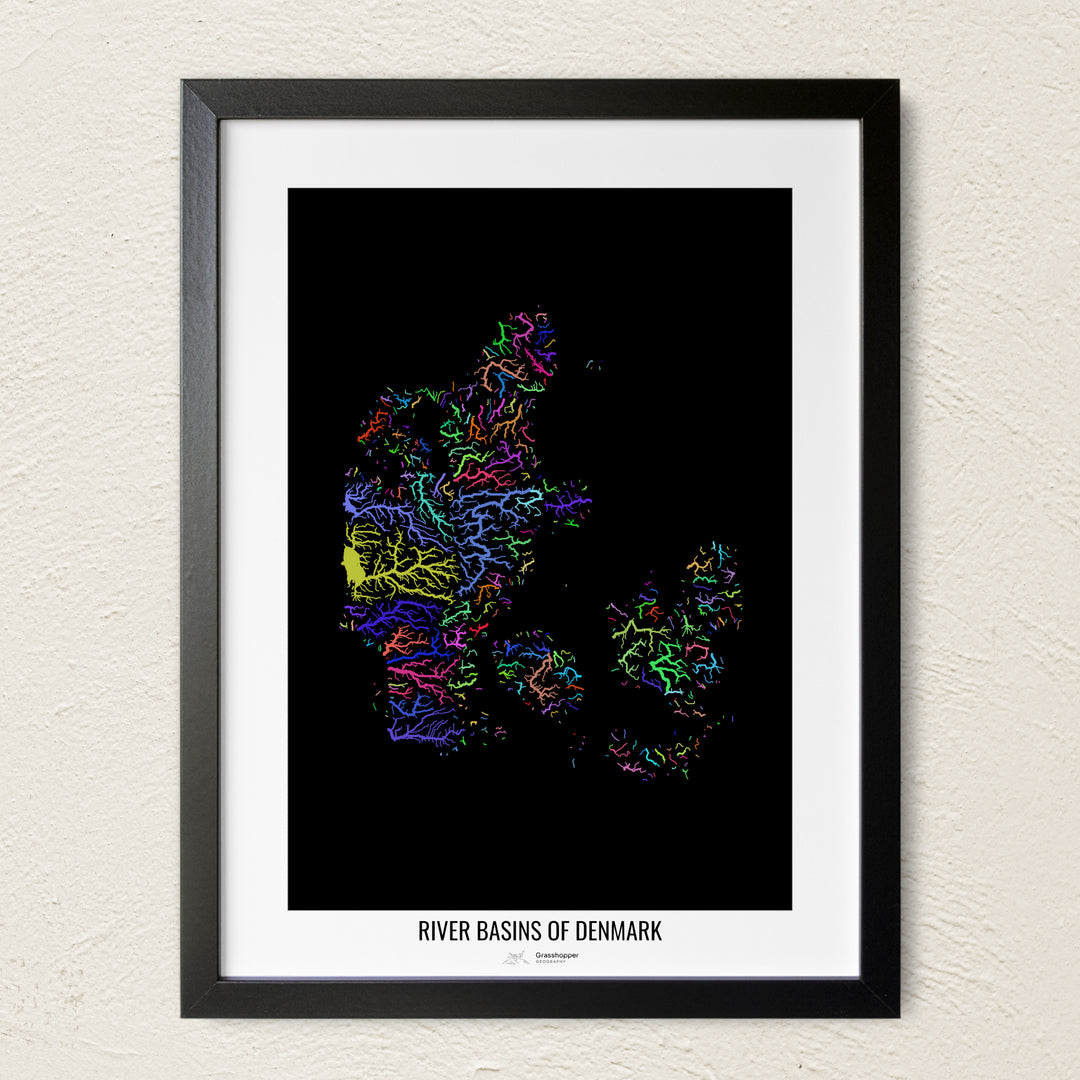 A colorful Grasshopper Geography river map on a light wall. The premium fine art poster is in a black frame with a white border. The name of the country, continent or region is printed under the image.