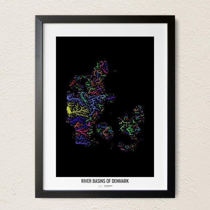 A colorful Grasshopper Geography river map on a light wall. The premium fine art poster is in a black frame with a white border. The name of the country, continent or region is printed under the image.