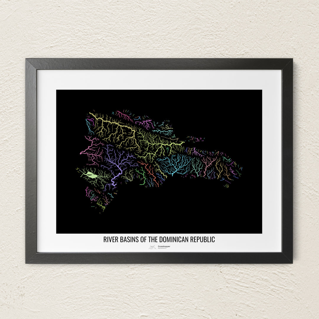 A colorful Grasshopper Geography river map on a light wall. The premium fine art poster is in a black frame with a white border. The name of the country, continent or region is printed under the image.