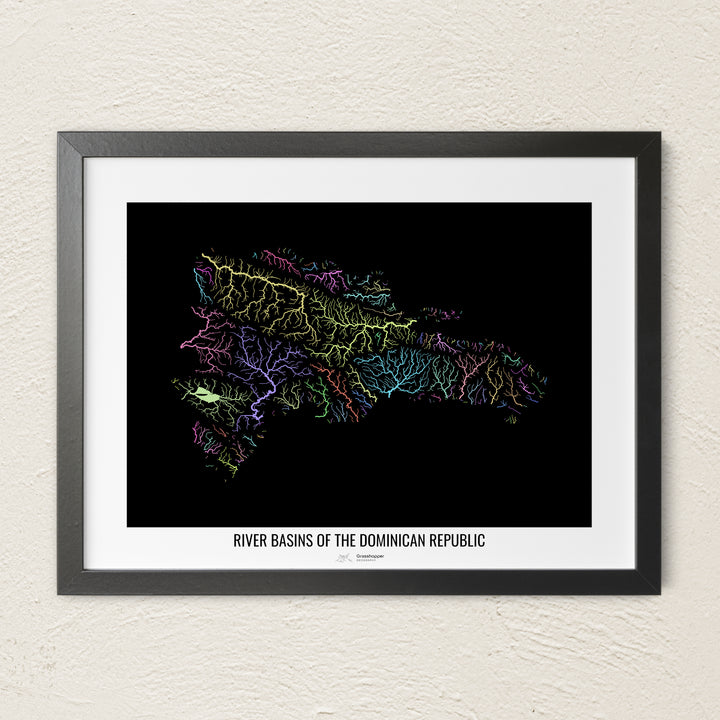 A colorful Grasshopper Geography river map on a light wall. The premium fine art poster is in a black frame with a white border. The name of the country, continent or region is printed under the image.