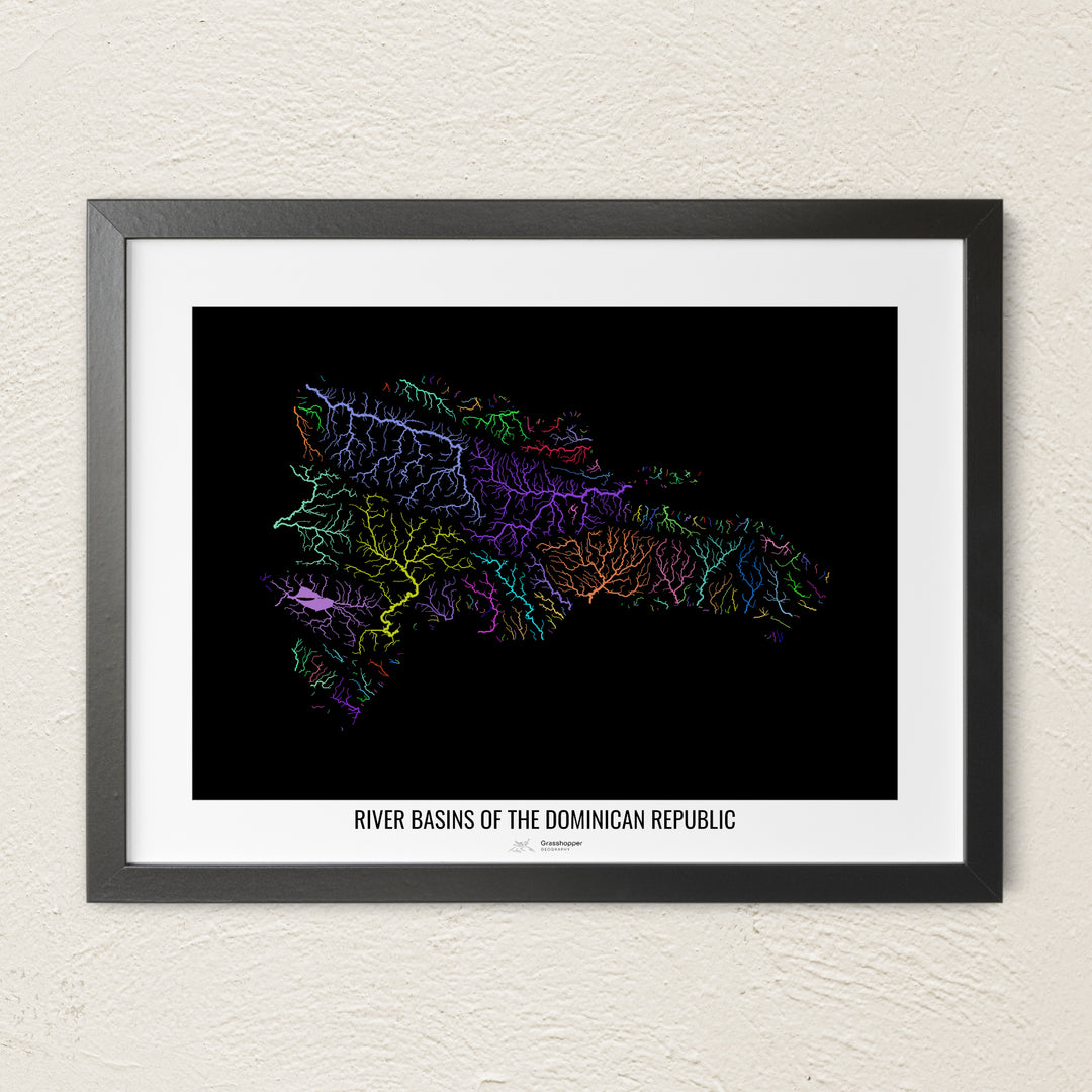 A colorful Grasshopper Geography river map on a light wall. The premium fine art poster is in a black frame with a white border. The name of the country, continent or region is printed under the image.