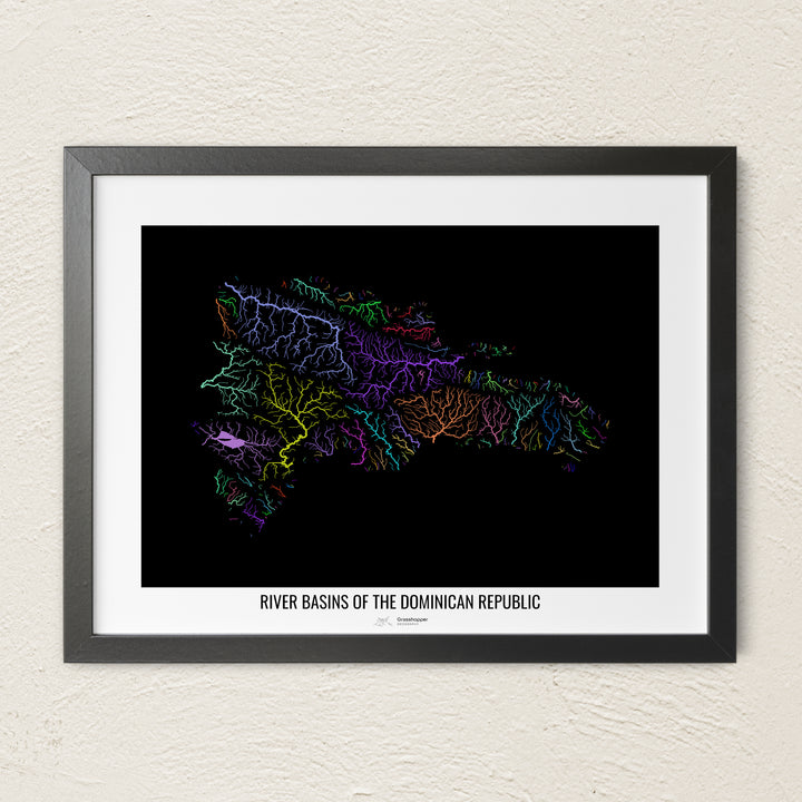 A colorful Grasshopper Geography river map on a light wall. The premium fine art poster is in a black frame with a white border. The name of the country, continent or region is printed under the image.