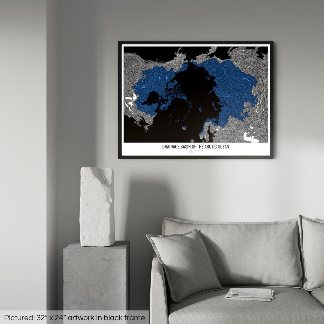Océano Ártico - Mapa de cuencas de drenaje, negro v2 - Lámina enmarcada