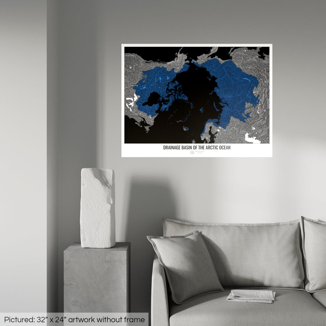 Océano Ártico - Mapa de cuencas de drenaje, negro v1 - Impresión de bellas artes