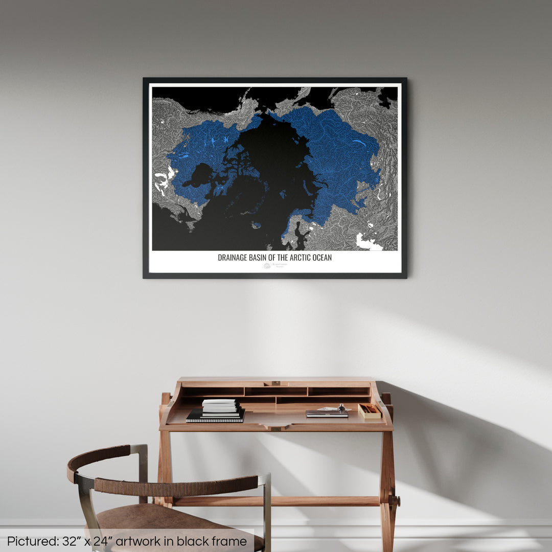 Océan Arctique - Carte des bassins versants, noir v1 - Impression encadrée