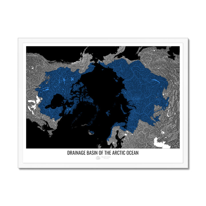 Oceano Ártico - Mapa de bacia de drenagem, preto v1 - Impressão emoldurada