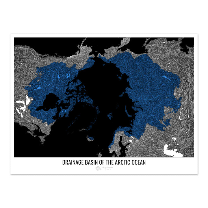 Océano Ártico - Mapa de cuencas de drenaje, negro v1 - Impresión de bellas artes